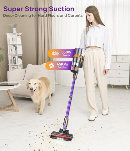 CHE BIO Cordless Stick Vacuum Cleaner, 550W/45Kpa with Smart Display, MAX 65Mins Runtime, Auto Mode & Anti-Tangle, Lightweight Vacuum for Home, Pet Hair/Carpet/Floor