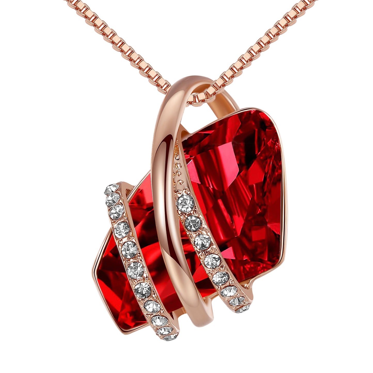 Leafael Wish Stone Pendant Necklace with Red Birthstone Crystal for January and July, 18K Rose Gold Plated, 18" + 2" Chain