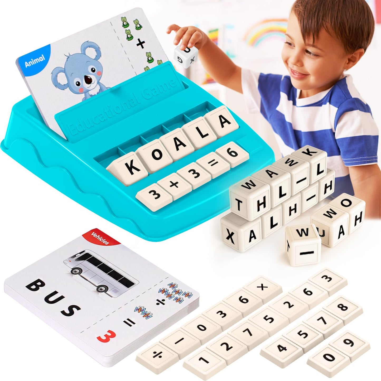 Educational Toys for Kids Ages 3-8,Learning Games for Kids 3-8, Matching Letter Spelling Math Game, Prescool Xmas Birthday Party Gifts for 3-8 Year Olds Boys Girls Light Blue