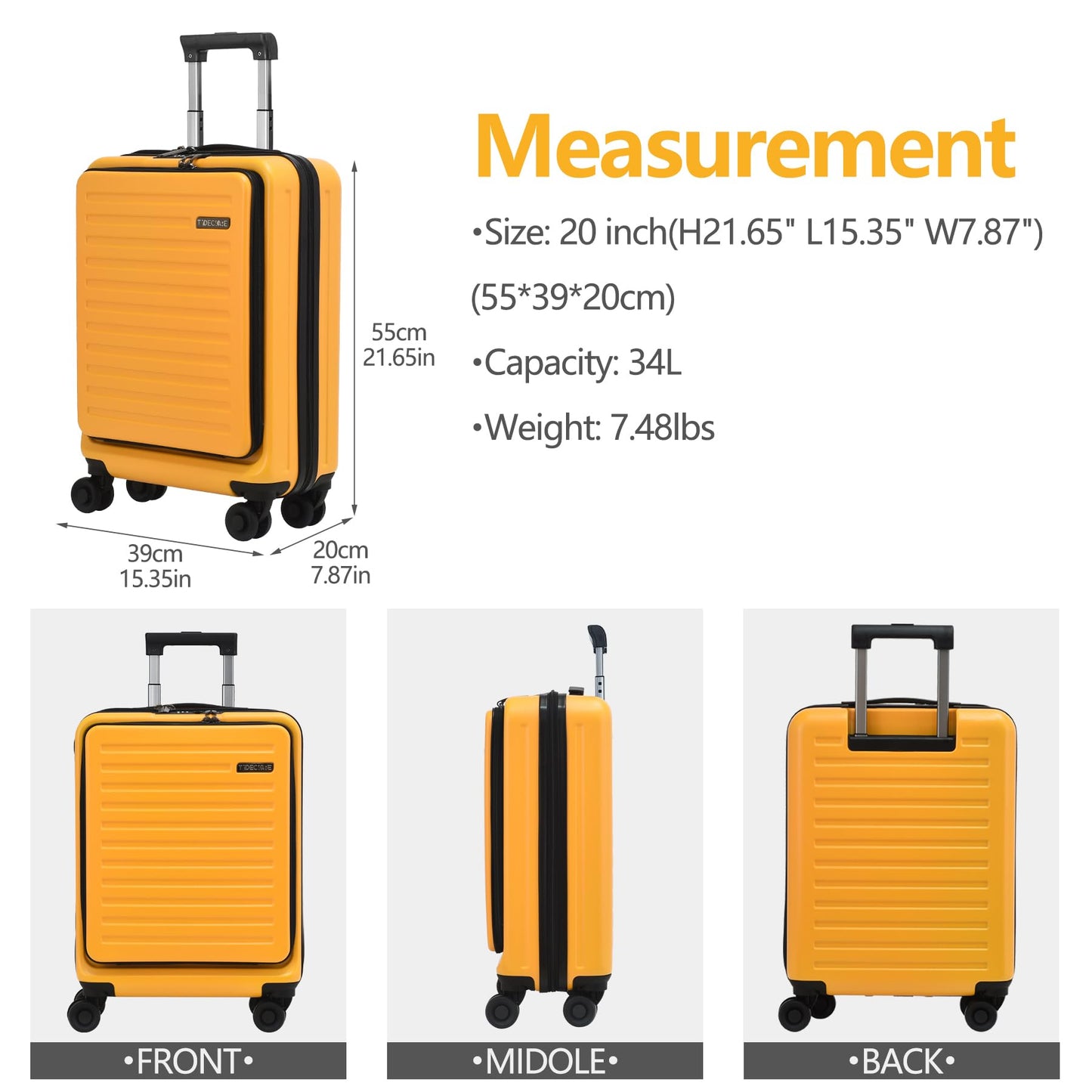 TydeCkare 20 Inch Carry On Luggage with Front Pocket, 21.65 * 15.35 * 7.87" Suitable for Airplane Overhead Bin, 34L PC+ABS Hardshell, Orange