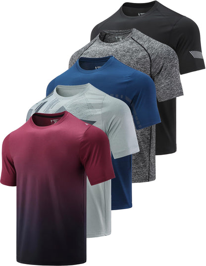 5 Pack Men’s Active Quick Dry Crew Neck T Shirts | Athletic Running Gym Workout Short Sleeve Tee Tops Bulk (Set 3, Medium)