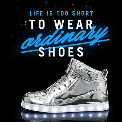 IGxx LED Light Up Shoes for Men USB Recharging High Top LED Sneakers Women Kids Silver