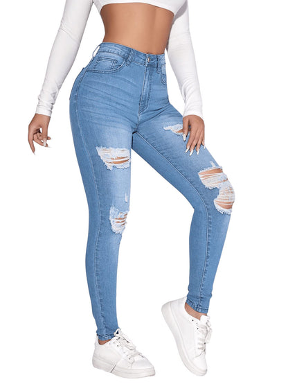 SweatyRocks Women's Casual High Rise Ripped Jeans Zipper Fly Skinny Denim Pants Light Wash L