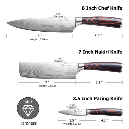 PAUDIN Kitchen Knife Set, 3 Piece High Carbon Stainless Steel Professional Chef Knife Set with Ultra Sharp Blade & Wooden Handle (Kitchen Knife Set 3 Pcs)