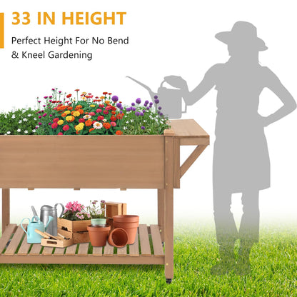 ketive Raised Garden Bed with Lockable Wheels Mobile Elevated Wood Planter,Storage Shelf, Protective Liner,55.5x24x32in (Brown)