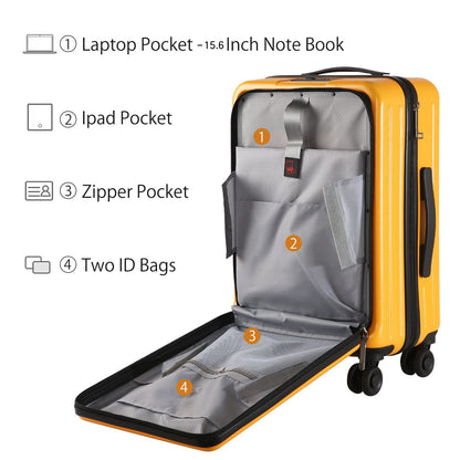 TydeCkare 20 Inch Carry On Luggage with Front Zipper Pocket, 45L, Lightweight ABS+PC Hardshell Suitcase with Spinner Silent Wheels, Convenient for Business Trips, Orange