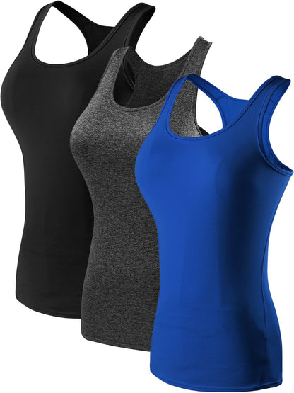 NELEUS Women's 3 Pack Compression Athletic Dry Fit Long Tank Top,Black,Grey,Blue,2XL