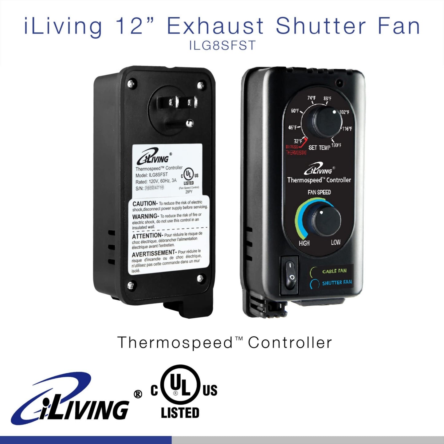 iLIVING Exhaust Fan Thermospeed Temperature Controller and Speed Controller, Black, ILG8SFST