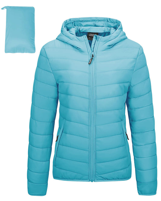 Outdoor Ventures Women's Packable Lightweight Full-Zip Puffer Jacket with Hood Quilted Winter Coat