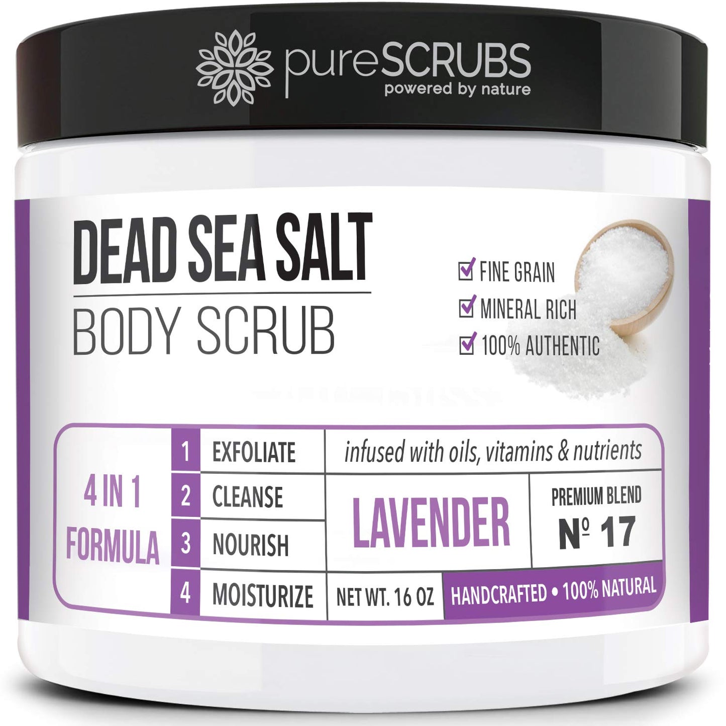 pureSCRUBS Premium Lavender Body Scrub Set - Large 16oz Dead Sea Salt Body Scrub With Infused Essential Oils & Nutrients, Includes Wooden Spoon, Loofah & Oatmeal Exfoliating Bar Soap