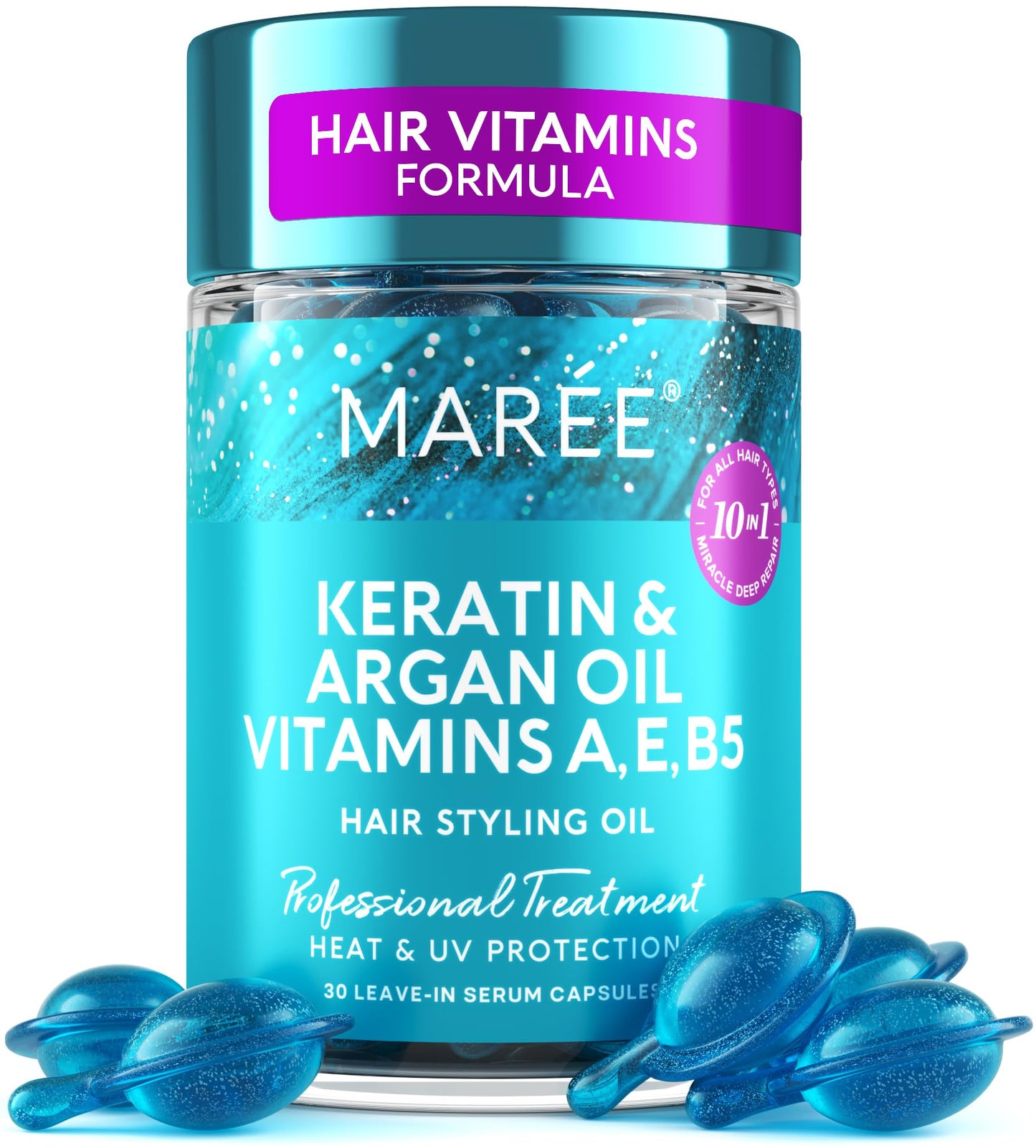 MAREE Hair Oil for Frizzy - Hair Vitamins A, E & B Keratin Styling Capsules with Jojoba & Argan Oil - Anti Frizz Serum for Women - Frizzy, Damaged, Dry and Curly - Sérum Gotas & Aceite Para el Cabello