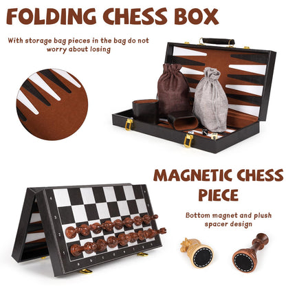 Chess Checkers Backgammon Set 3-in-1 Board Games Sets for Kids & Adults，15" Folding Magnetic Chess Set Leather Chess Board Strategy Game Portable Travel Chess Game with Magnetic Chess Pieces