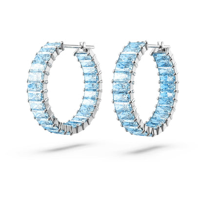 Swarovski Matrix Hoop Earrings with Princess Cut Blue Crystals on Rhodium Finished Setting, Part of the Swarovski Matrix Collection