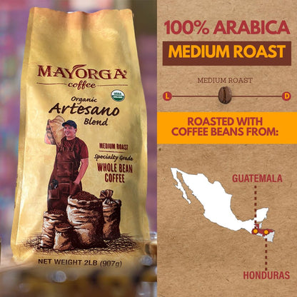 Mayorga Organic Coffee 2lb Artesano Blend - Medium Roast Whole Bean Coffee Speciality Grade, 100% Arabica, Slow Roasted, Chocolate and Nutty Flavor with Low Acidity - USDA Organic, Non-GMO, Kosher