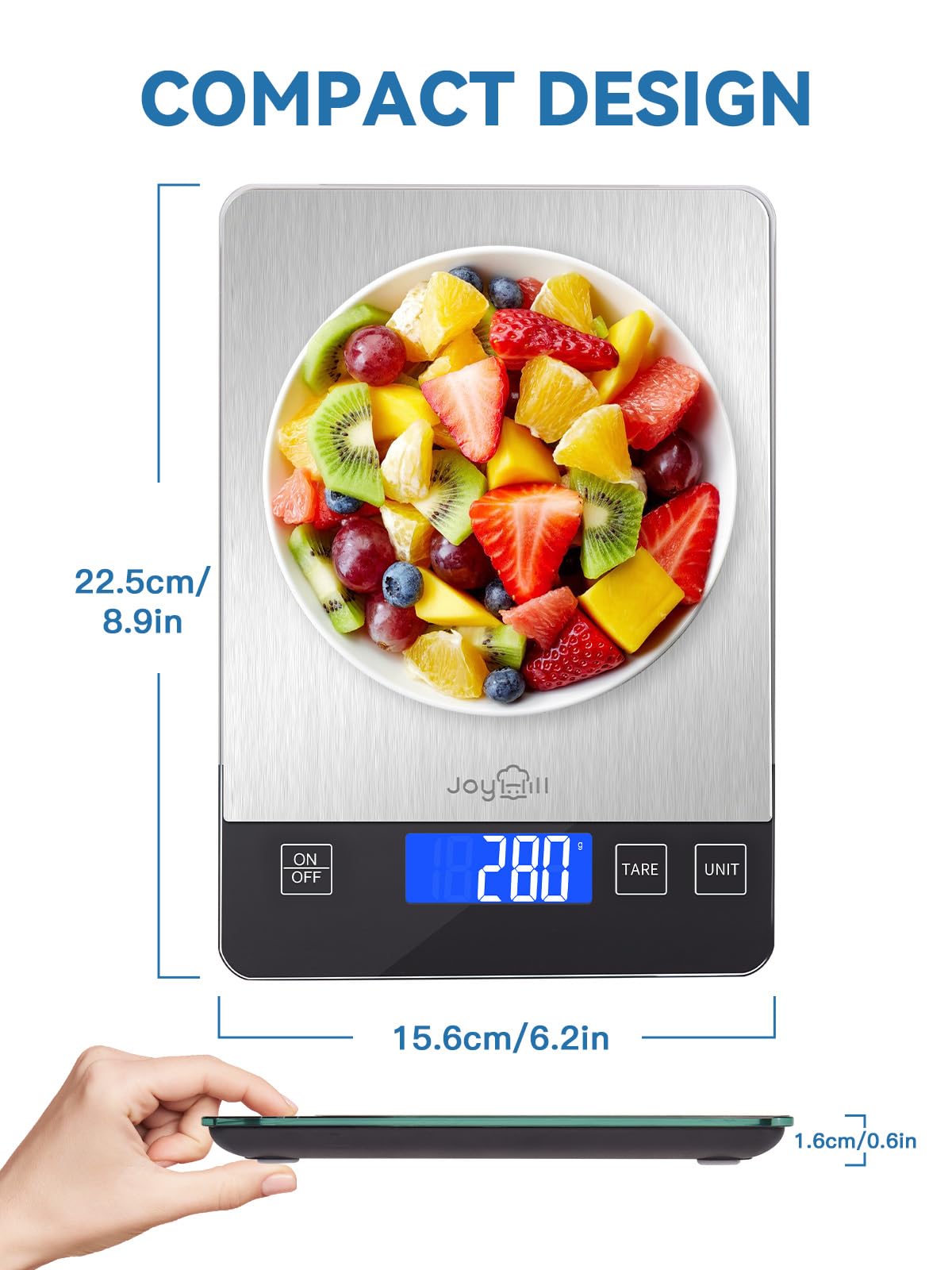 JOYHILL Food Scale, 10kg/1g Digital Kitchen Scale, Food Scale Grams and Ounces for Baking and Cooking, Premium Stainless Steel with LED Display, Batteries Included