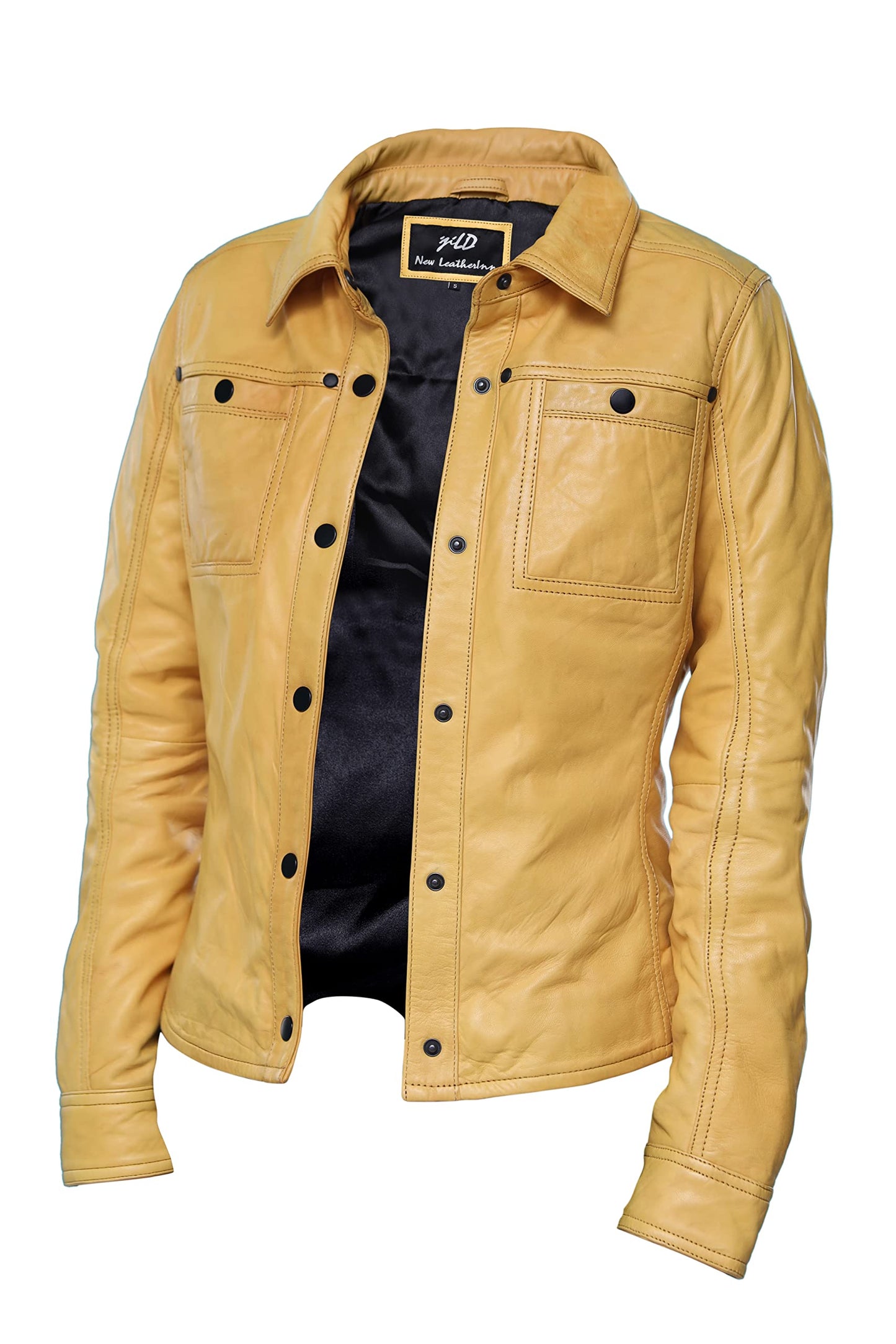 Jild Womens Button Front Lambskin Leather Jacket Shacket - Casual Shirt Long Sleeve Leather Jacket Women with Bust Pocket (Yellow-L)