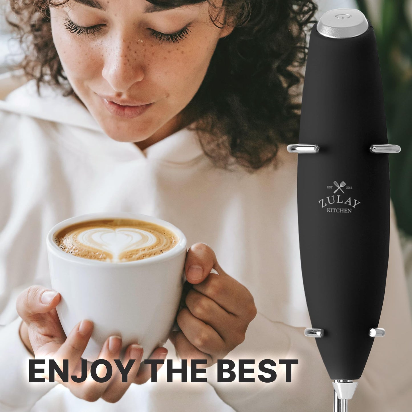 Zulay Kitchen Tornado Whisk Milk Frother Handheld - Coffee Frother Wand With Stand - Triple Whisk Hand Held Drink Mixer - Electric Stirrer Frothing Wand for Latte, Matcha, Protein Powder - (Black)