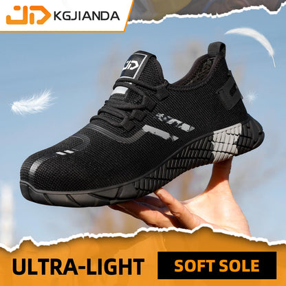 KGJIANDA Steel Toe Shoes for Men Indestructible Work Shoes for Men Lightweight Men's Steel Toe Sneakers Comfortable Safety Toe Shoes Black Steel Toe Tennis Shoes Construction Black Gray