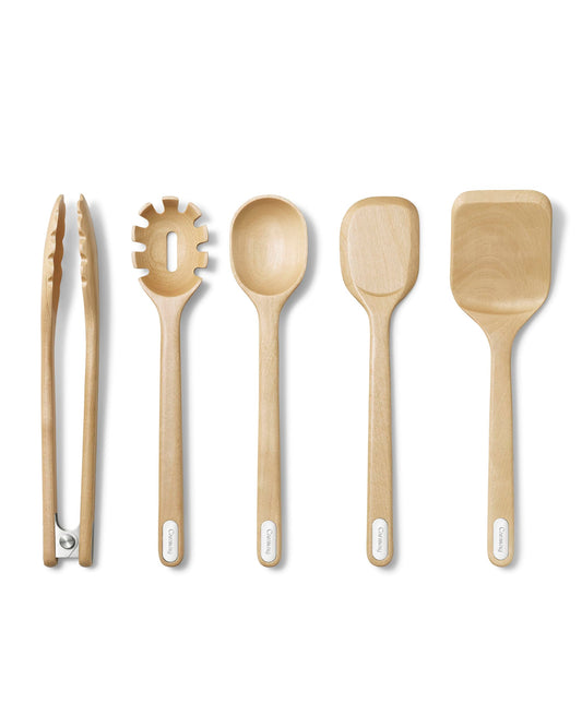 Caraway Wooden Utensil Set - 5 Piece Cooking Utensil Set - Spoon, Server, Scraper, Spatula, & Tongs - Made From FSC-Certified Birch Wood - No Microplastics