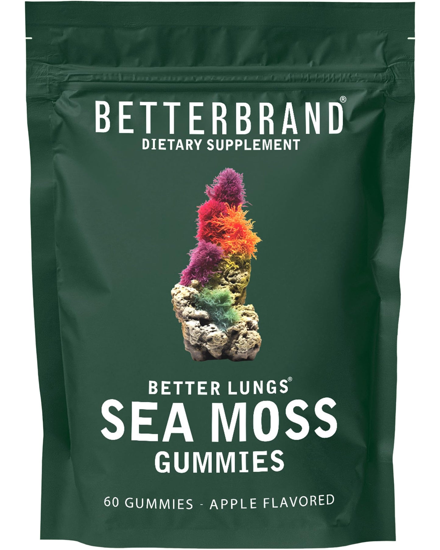 Betterbrand BetterLungs Sea Moss Gummies 1600mg Organic Irish Sea Moss for Lung and Immune System Support 1000mg Organic Bladderwrack and Burdock Root - 60 Count Apple Flavored (30 Days Supply)