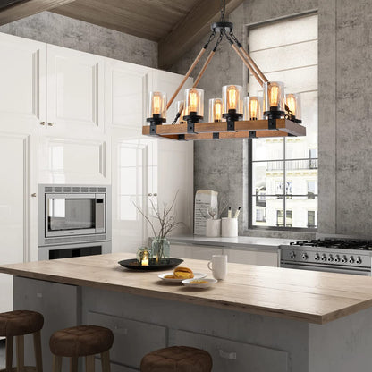 8-Light Farmhouse Chandelier Kitchen Island Light Fixture, Wood Chandeliers, Candle Pendant Light, Glass Lodge and Tavern Pendant Lighting 480W Max (Bulb Not Included)