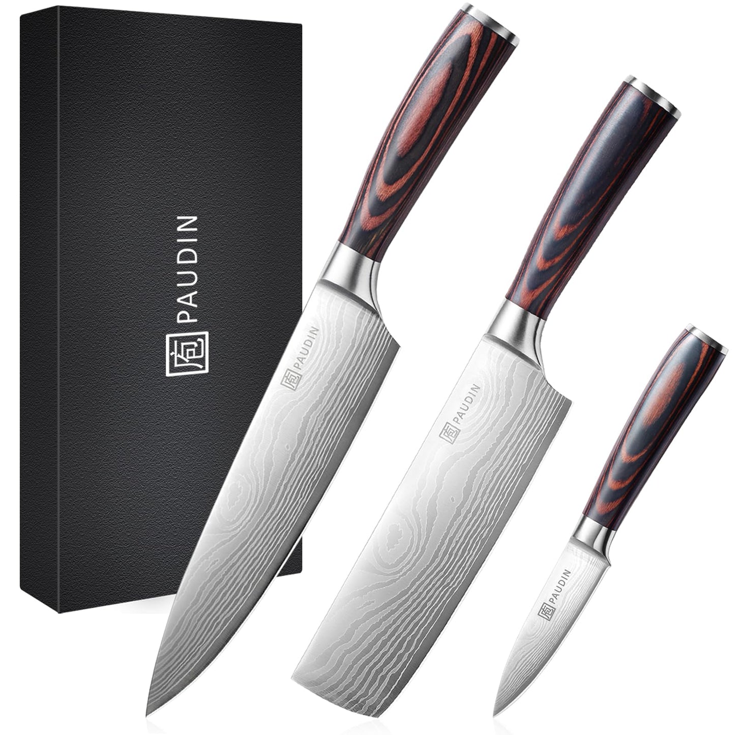 PAUDIN Kitchen Knife Set, 3 Piece High Carbon Stainless Steel Professional Chef Knife Set with Ultra Sharp Blade & Wooden Handle (Kitchen Knife Set 3 Pcs)