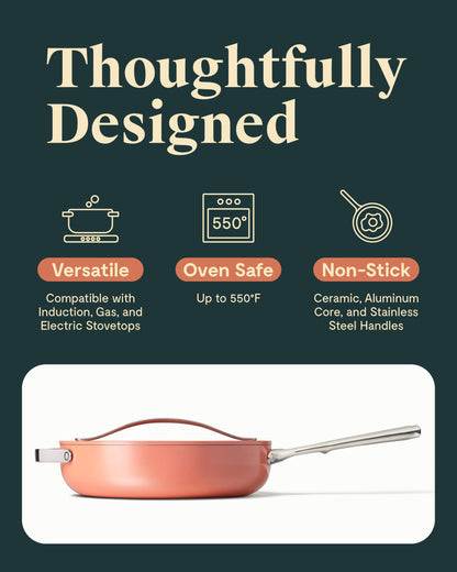 Caraway Nonstick Ceramic Sauté Pan with Lid (4.5 qt, 11.8") - Non Toxic, PTFE & PFOA Free - Oven Safe & Compatible with All Stovetops (Gas, Electric & Induction) - Perracotta