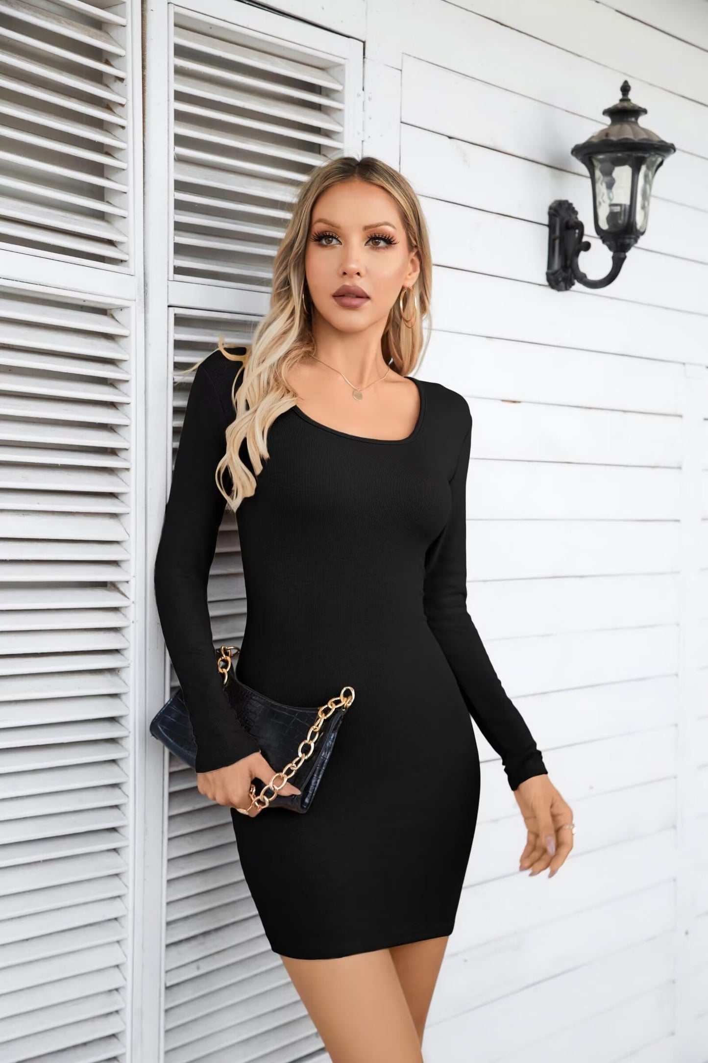 VICHYIE Women Dress Square Neck Bodycon Ribbed Long Sleeve Tight Fall Mid Thigh Pencil Above Knee Mini Dresses Black S