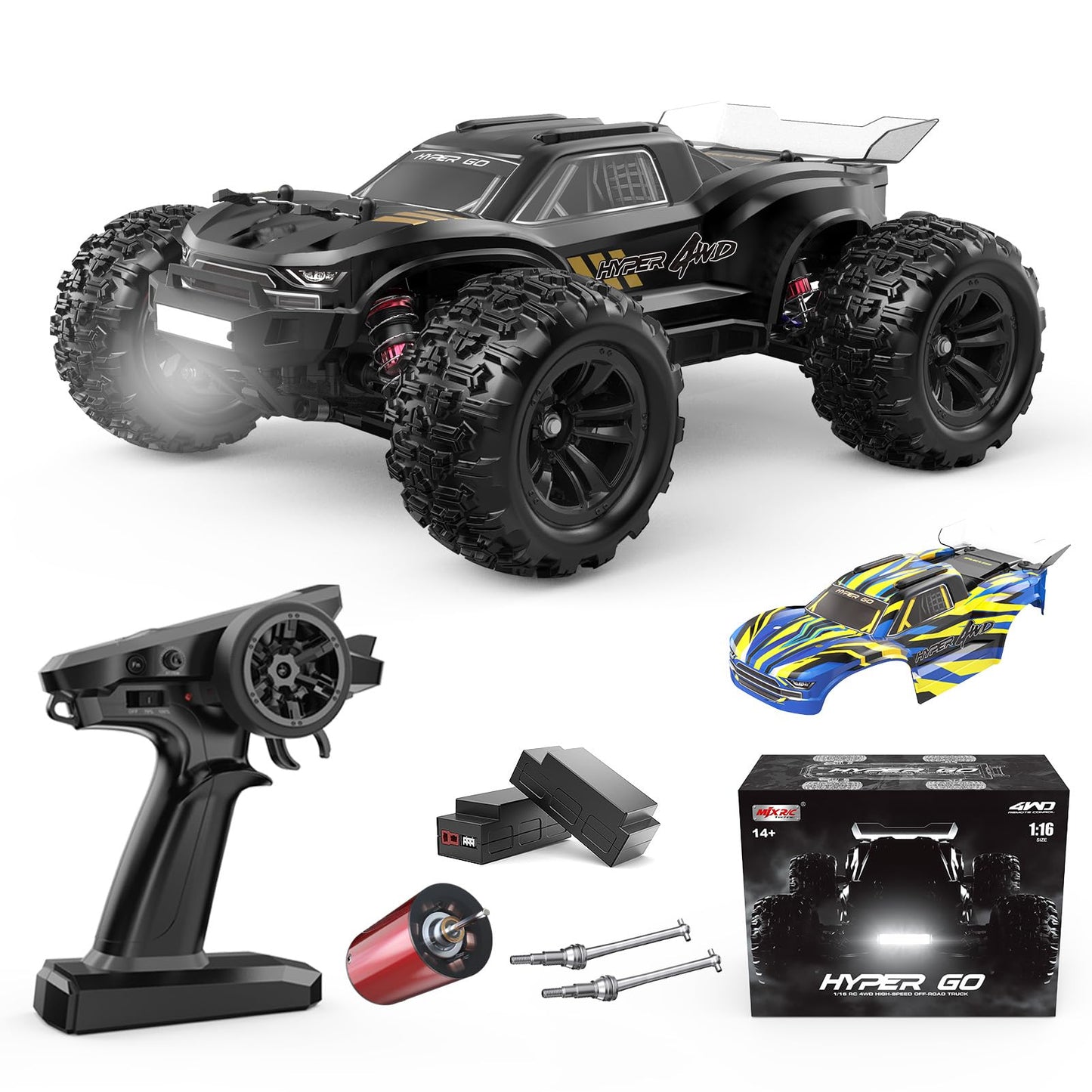 HYPER GO H16BM 1/16 RTR Brushless Fast RC Cars for Adults, Max 42mph Electric Off-Road RC Truck, High Speed RC Car 4X4 Remote Control Car with 2 Lipo Batteries for Adult, Compatible 3S Lipo