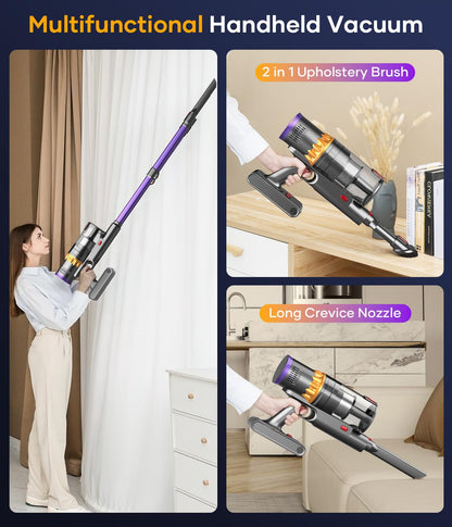 CHE BIO Cordless Stick Vacuum Cleaner, 550W/45Kpa with Smart Display, MAX 65Mins Runtime, Auto Mode & Anti-Tangle, Lightweight Vacuum for Home, Pet Hair/Carpet/Floor