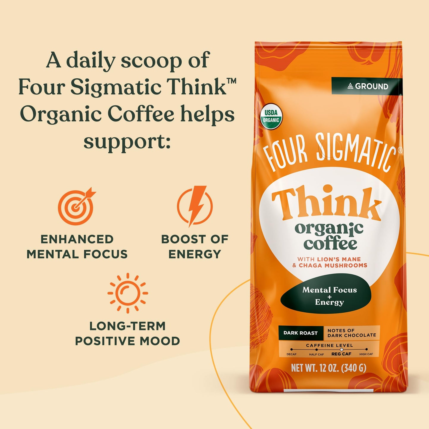 Four Sigmatic Focus Mushroom Coffee | Organic Ground Coffee with Lion's Mane Mushroom and Chaga for Better Focus and Immune Support | 12oz Bag