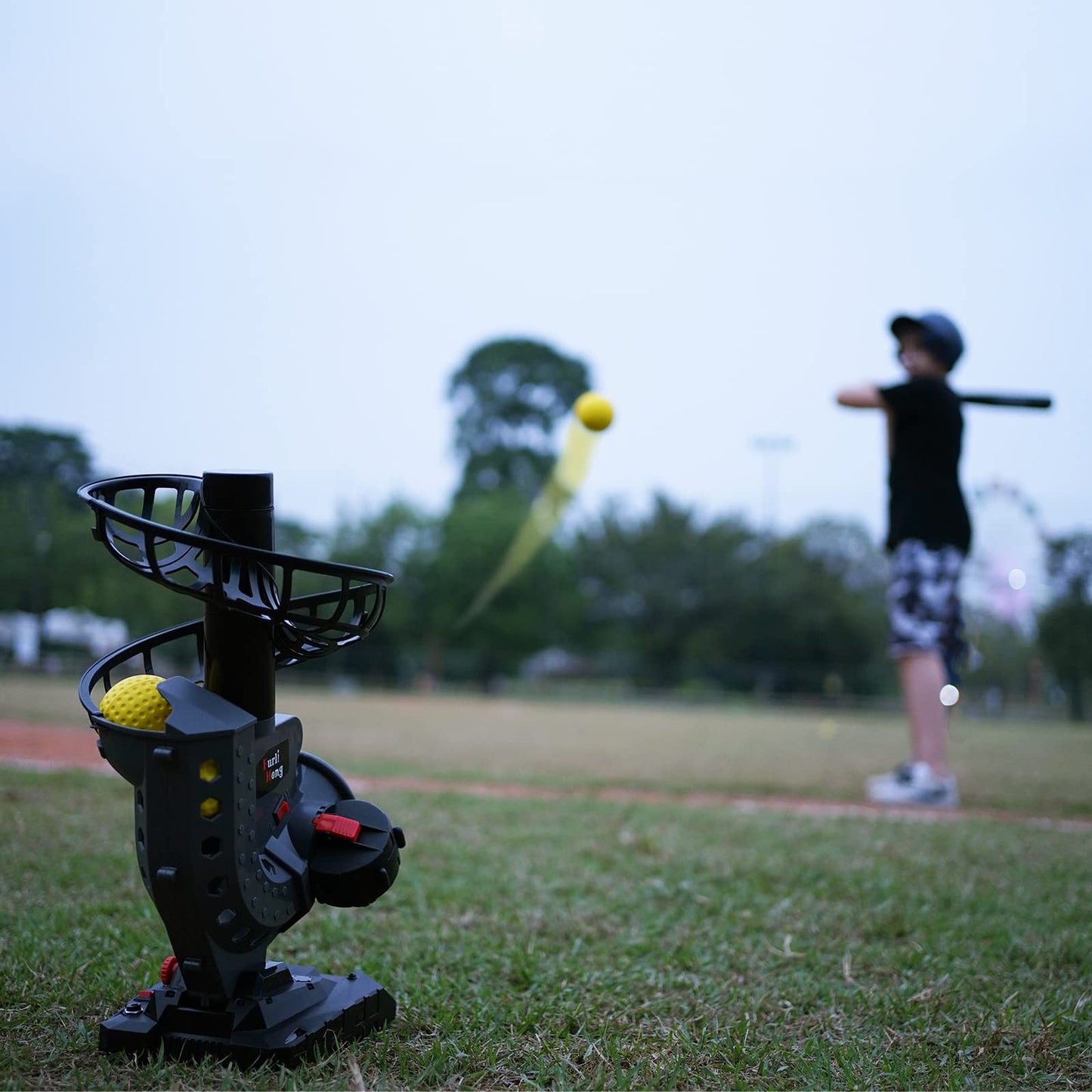 Furlihong Electronic Baseball Pitching Machine Set, Adjustable Angles, Timer and Speed, AC Adapter or Battery Powered, Comes with Bat, 8 Dimpled Balls, 4 Extra Stackers and Carrying Bag