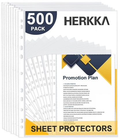 Sheet Protectors, HERKKA 500 Pack Upgrade Clear Plastic Page Protectors Sheet Reinforced 11-Hole Fit for 3 Ring Binder Fits Standard 8.5 x 11 Paper, 9.25 x 11.25 Top Loaded, Non-Acid