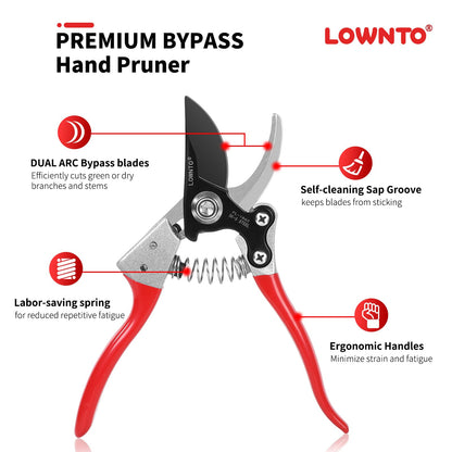 Lownto Pruning Shears for Gardening 5/8" Tree and Branch Garden Clippers - Plant Cutter Scissors with PTFE Resist-rust, Non-stick Coating Steel Blades, Heavy Duty Bypass Hand Pruners