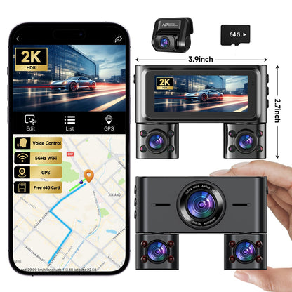 Dash Cam 360°, Dash Camera for Cars Front and Rear Inside, 4 Channel 4K/2K FHD Mini Dashcam, Built-in WiFi GPS, with 64GB Card, Voice Control, WDR,HDR,Night Vision, 24/7 Parking Mode(Upgraded Version)