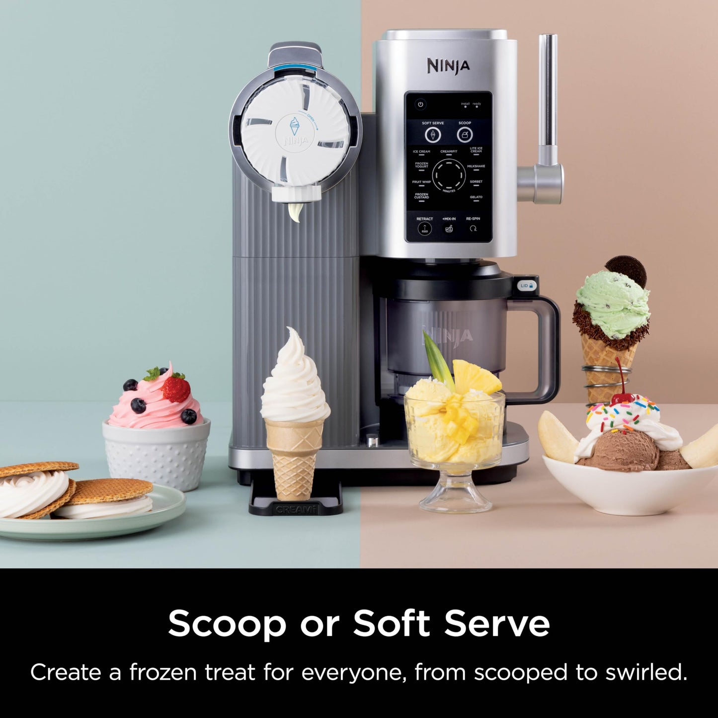 Ninja Swirl by CREAMi Ice Cream and Soft Serve Maker, Sorbet, Milkshake, Frozen Yogurt, Low Calories Program & More, 13-in-1, Soft Serve Handle, (2) CREAMi Swirl 16oz Pints, For Kids & ALL ages, NC701