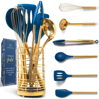 Gold and Navy Blue Kitchen Utensils Set - 7-Piece Silicone Cooking Tools for Nonstick Cookware with Utensil Holder - Stylish Cooking Gifts for Modern Kitchens