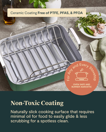 Caraway Roasting Pan - 16x13” Roasting Pan with Rack - Non-Stick Ceramic Coated - Non Toxic, PTFE & PFOA Free - Oven Safe & Compatible with All Stovetops - Cream