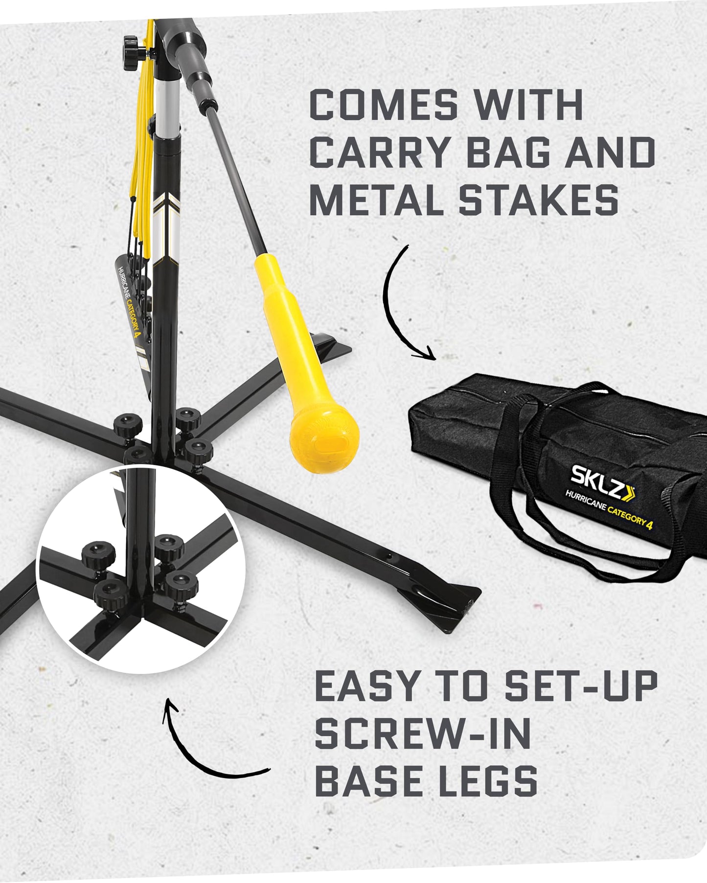 SKLZ Hurricane Batting Swing Trainer for Baseball & Softball - Durable Swing Arm - 4 Power Band System - High-Visibility, Anti-Dent Target Ball Head - Screw-in Base Legs, Metal Stakes & Carry Bag