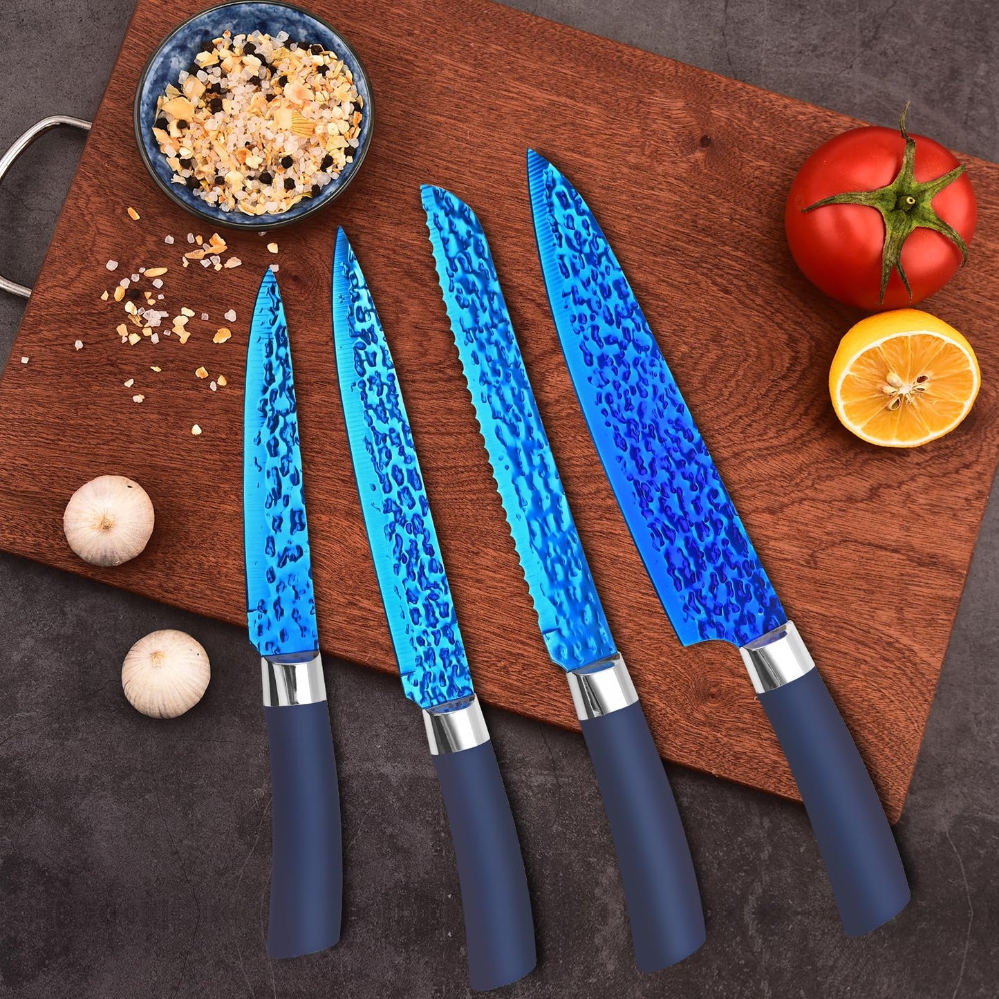 Rainbow Kitchen Knife Set Non Stick Knives Set with Block Thick Blade Cutlery Knife Block Sets Chef Sharp Quality for Home & Pro Use Best Gift (Blue Handle- Rugged Blue Blade)