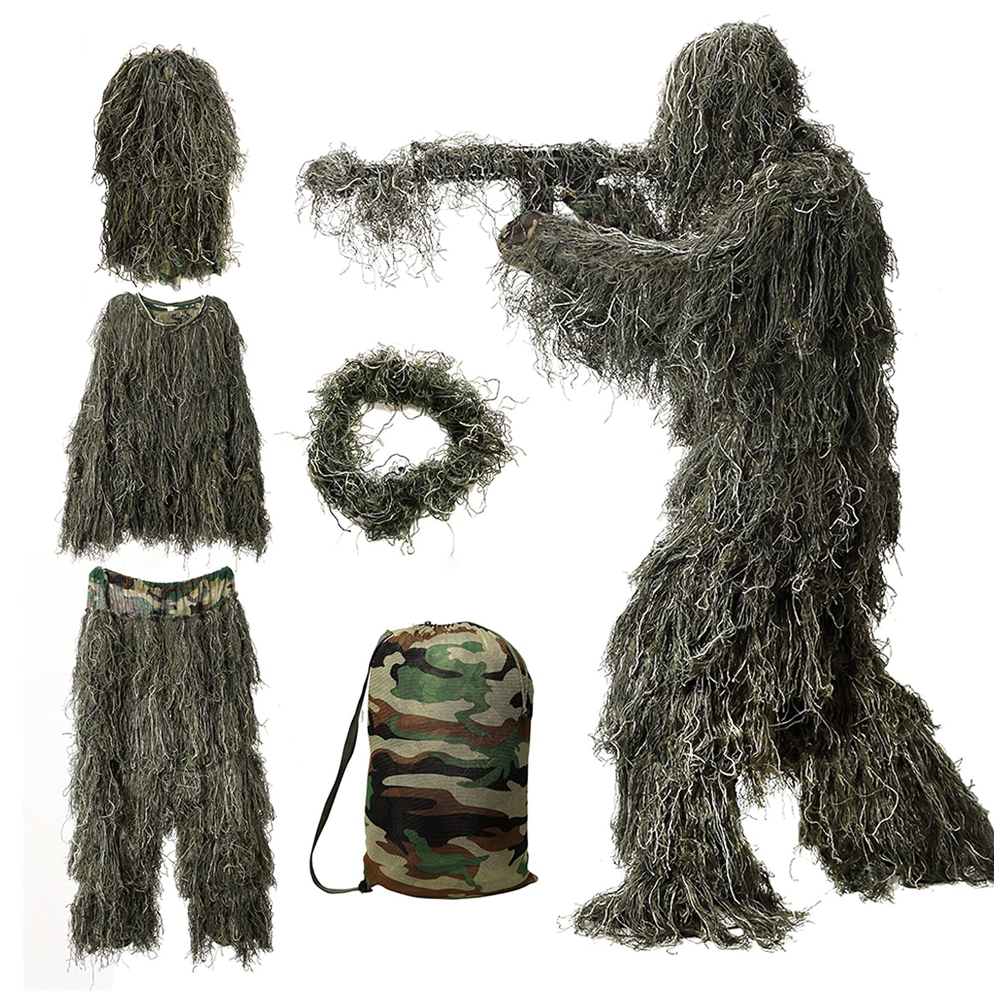 Ghillie Suit for Men, 5 in 1 Ghillie Suit Superior Camo Hunting Clothes for Kids/Youth Hunters, Military, Sniper Airsoft and Paintball