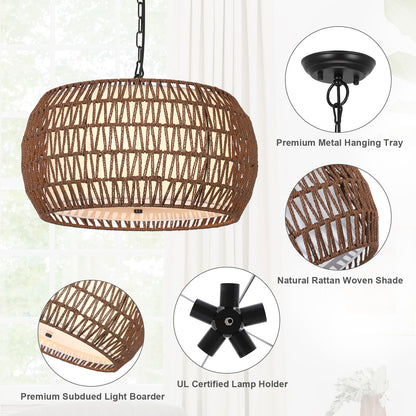 PAUFUL Rattan Farmhouse Chandelier Light Fixtures,5-Lights Boho Large Pendant Light,Woven Chandeliers for Dining Room with Fabric Shade,Rustic Hanging Light Fixtures for Kitchen Island-Dark Brown