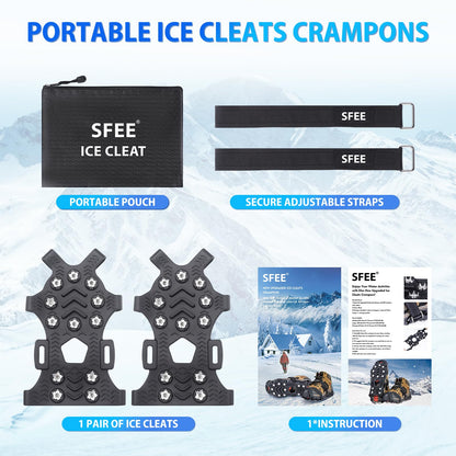 Sfee Crampons for Winter Boots, Upgraded Ice Cleats Stainless Steel Women Men Anti Slip Ice Traction Cleats Grips with Straps, Perfect for Hiking, Walking, Climbing, Ice Fishing(L)