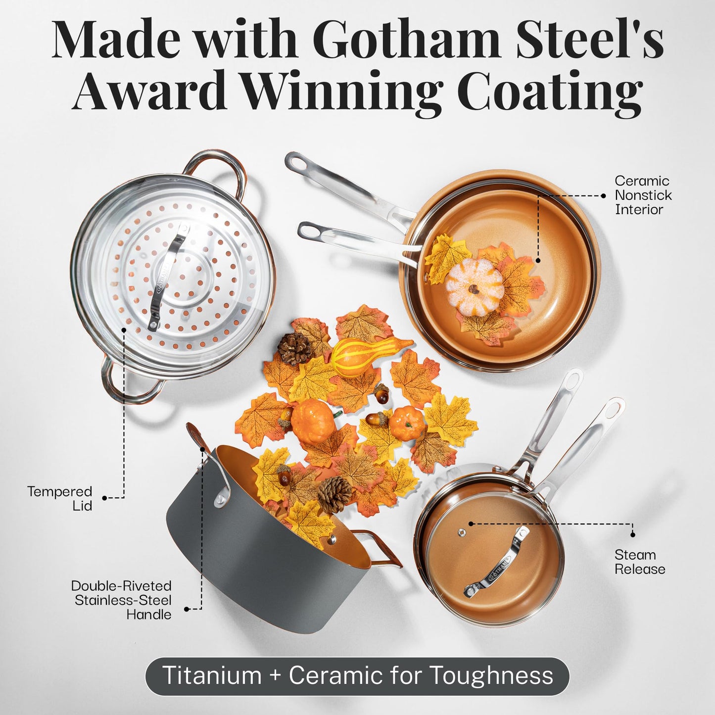 Gotham Steel 12 Pc Ceramic Pots and Pans Set Non Stick, Kitchen Cookware Sets, Pot and Pan Set, Ceramic Cookware Set, Non Toxic Cookware Set, Non Stick Pots and Pan Set, Oven Dishwasher Safe - Copper