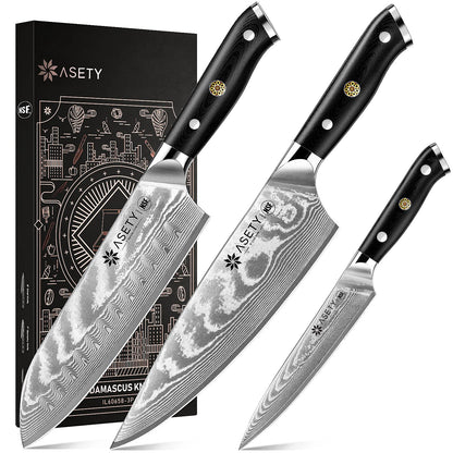 ASETY Damascus Knife Set 3 PCS, NSF Food-Safe Japanese Kitchen Knife Set with VG10 Steel Core, Ultra-Sharp Professional Chef Knife Set and Full Tang G10 Handle, Elegant Box