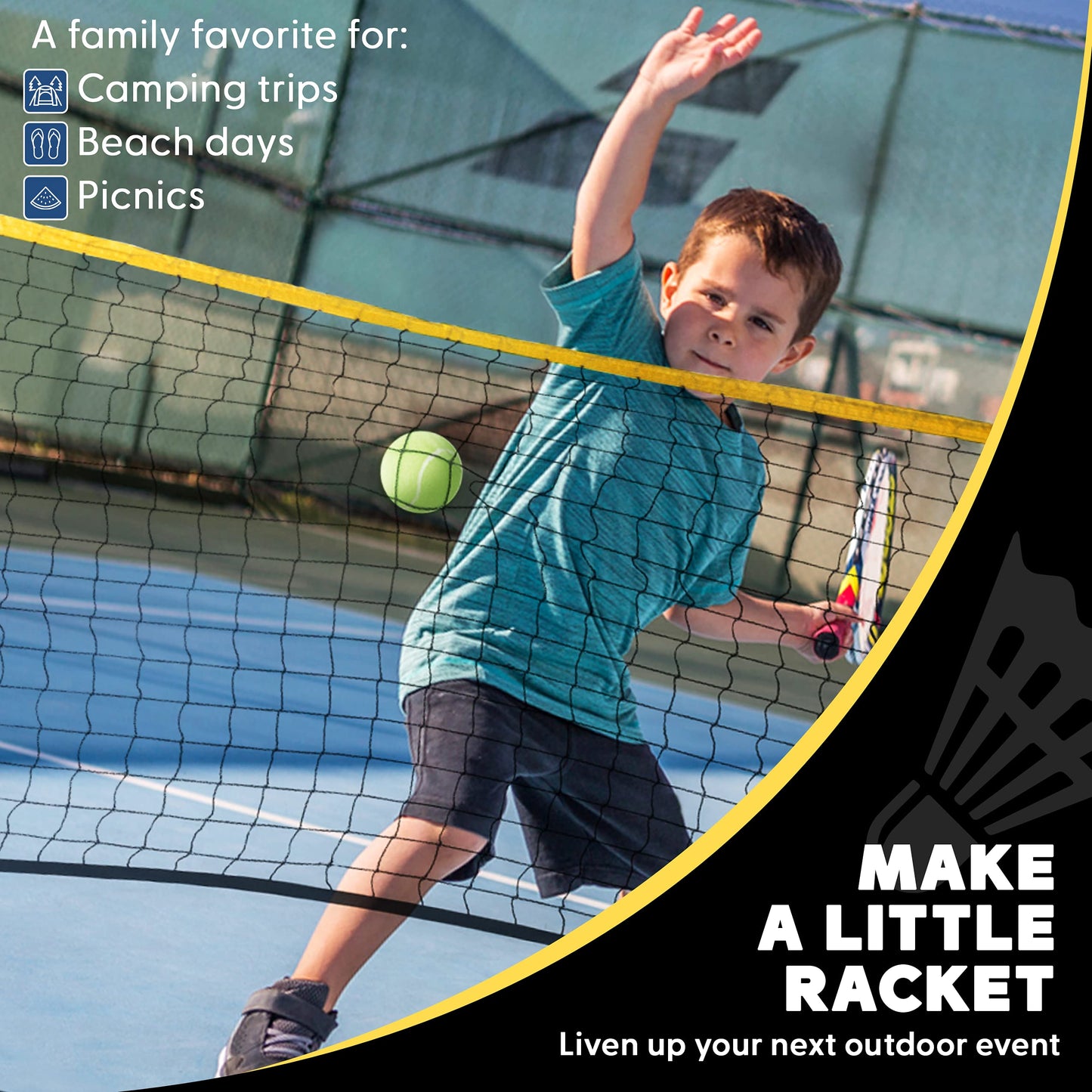 Boulder Badminton Pickleball Net - Height Adjustable Portable Net for Kids Volleyball, Junior Tennis and Backyard Games - Easy Setup Outdoor or Indoor Sports Net with Poles (17ft Black/Yellow)