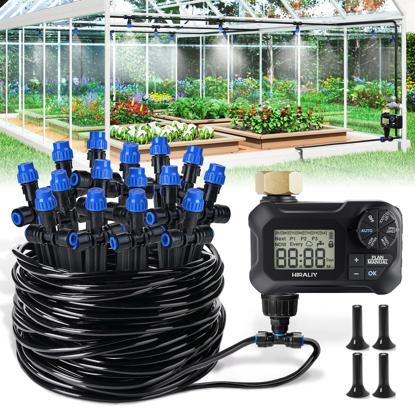 HIRALIY 59FT Greenhouse Mist Drip Irrigation Kit with Garden Timer, Hanging Plant Watering System, with Tubing, Misting Nozzles, and Water Timer, Quick Connector Design Automatic Irrigation System