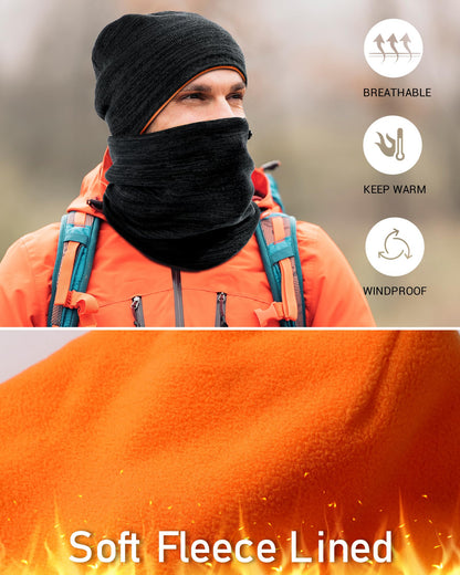 Winter Beanie Hat Scarf for Men Women Knit Thick Fleece Lined Warm Windproof Ski Skull Cap Neck Warmer Gaiter Face Scarf Set