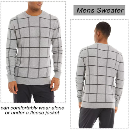 MAGCOMSEN Mens Knit Sweater Cotton Sweaters Long Sleeve Crew Neck Plaid Sweater Pullover Sweaters Casual Fall Clothing Light Grey, L