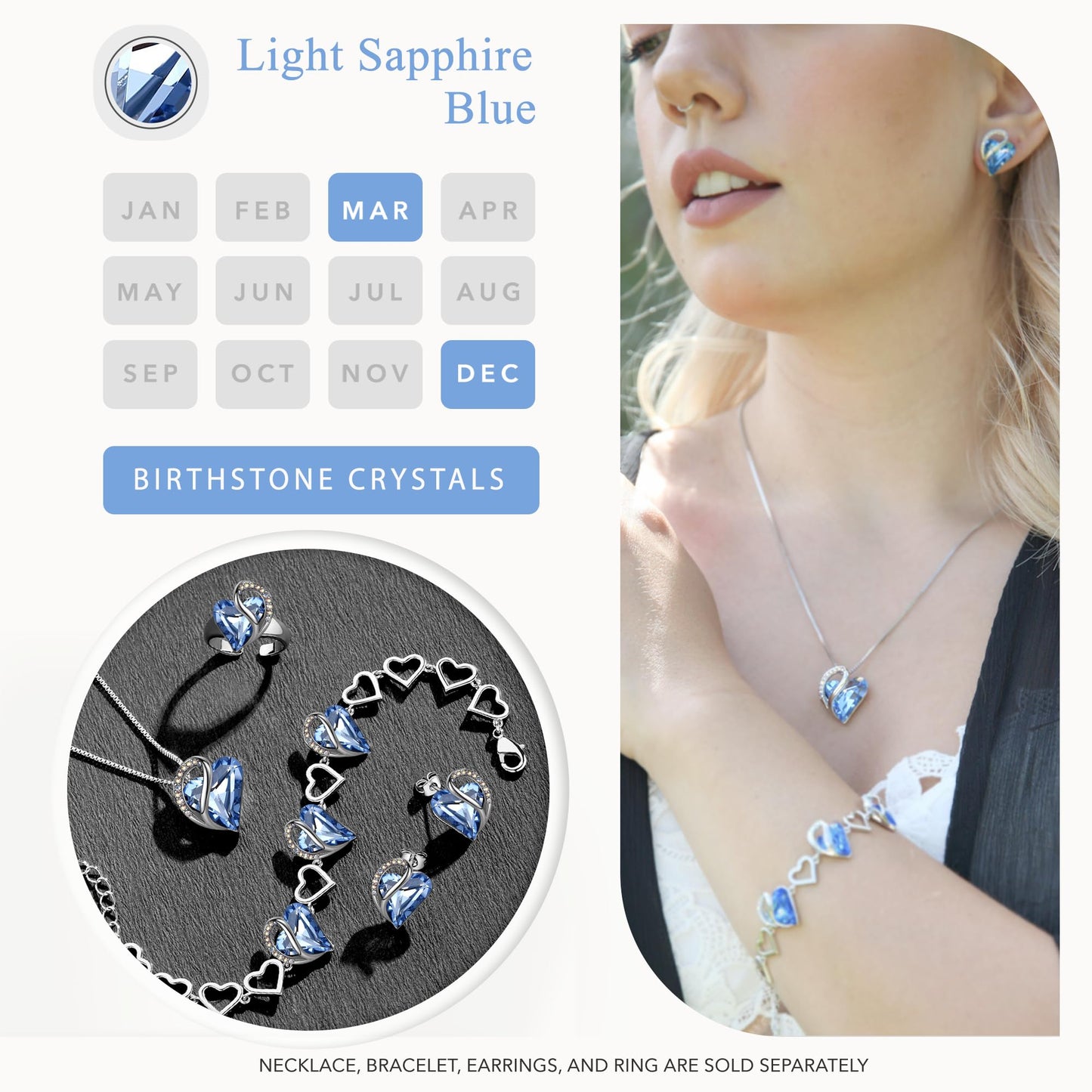 Leafael Valentine's Day Necklaces for Women, Infinity Love Heart Pendant with Light Sapphire Blue Birthstone Crystal for March & December, Silver Plated 18 + 2 inch Chain, Jewelry Gifts for Wife Her